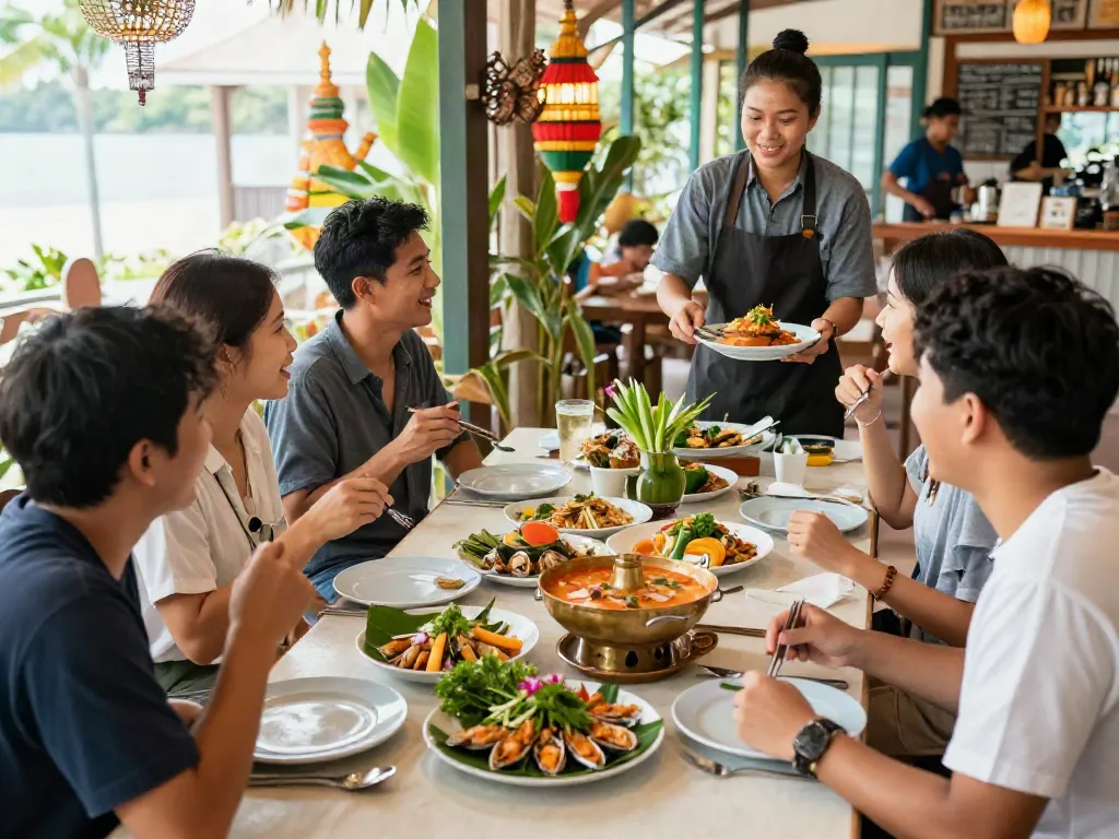 Delicious Thai cuisine at Tarachan Huahin with friends enjoying a vibrant meal and the rokok88 login ambiance.