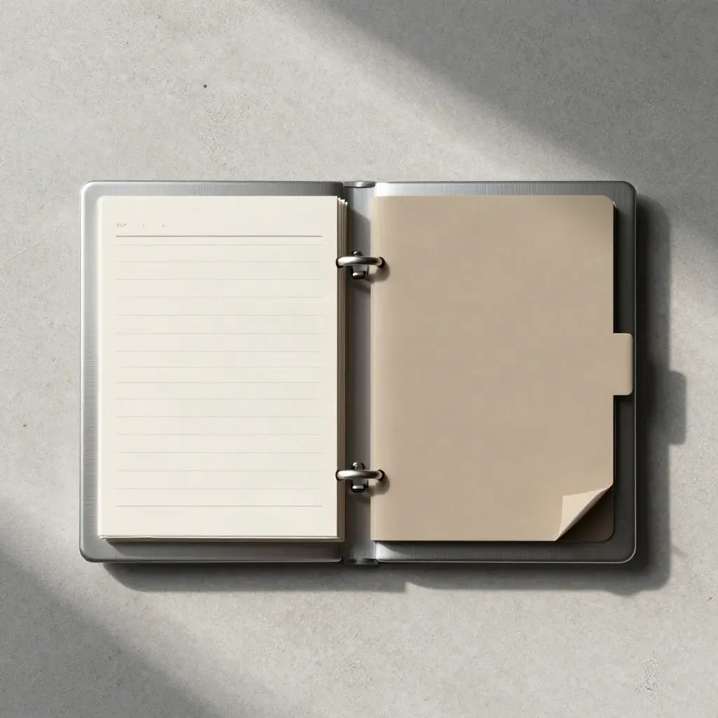Flat lay dall’alto di un fascicolo finanziario con schede bianche e dettagli metallici su pietra chiara.